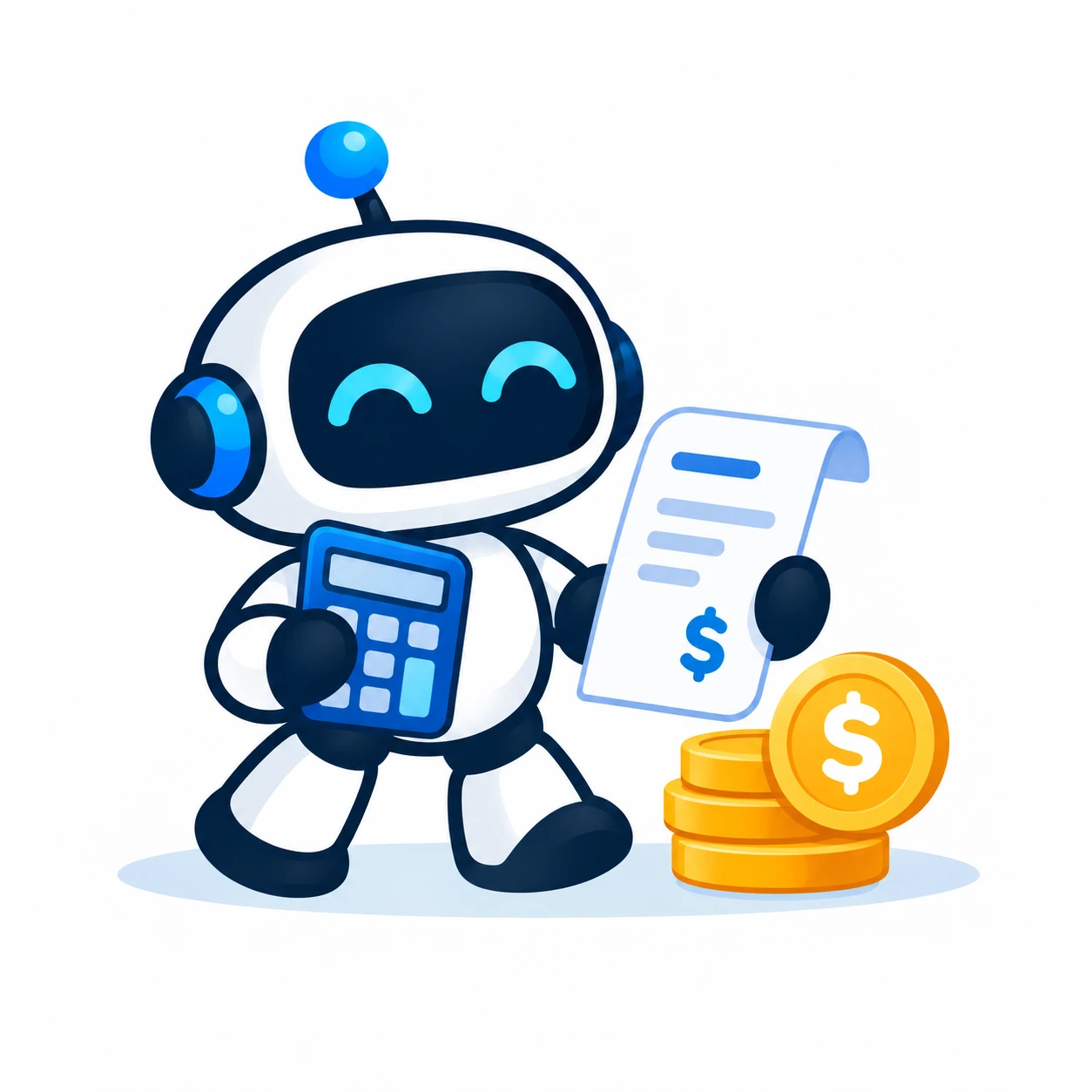 A books bot with a calculator, receipt and coins