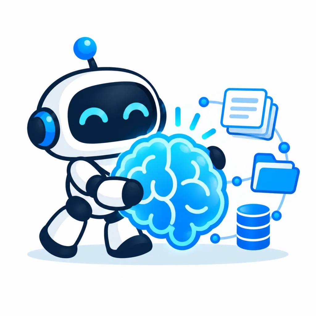 Brainkeeper holding a glowing brain connected to documents, folders and data